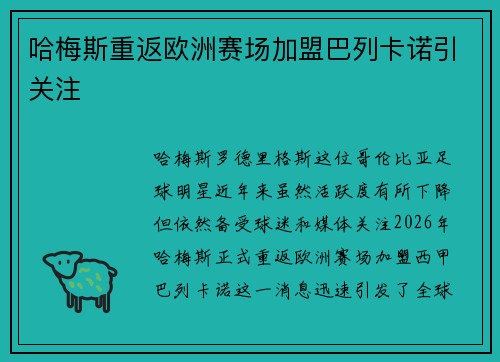 哈梅斯重返欧洲赛场加盟巴列卡诺引关注