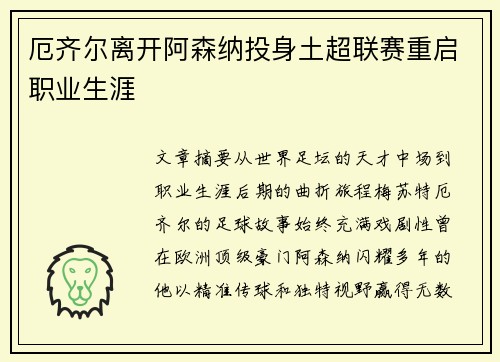 厄齐尔离开阿森纳投身土超联赛重启职业生涯 厄齐尔离开阿森纳投身土超联赛重启职业生涯