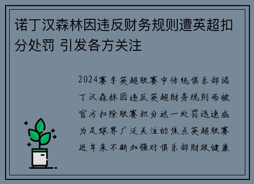 诺丁汉森林因违反财务规则遭英超扣分处罚 引发各方关注