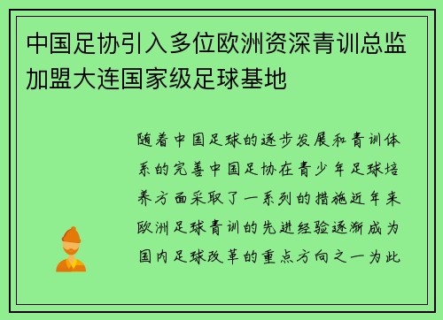 中国足协引入多位欧洲资深青训总监加盟大连国家级足球基地 中国足协引入多位欧洲资深青训总监加盟大连国家级足球基地